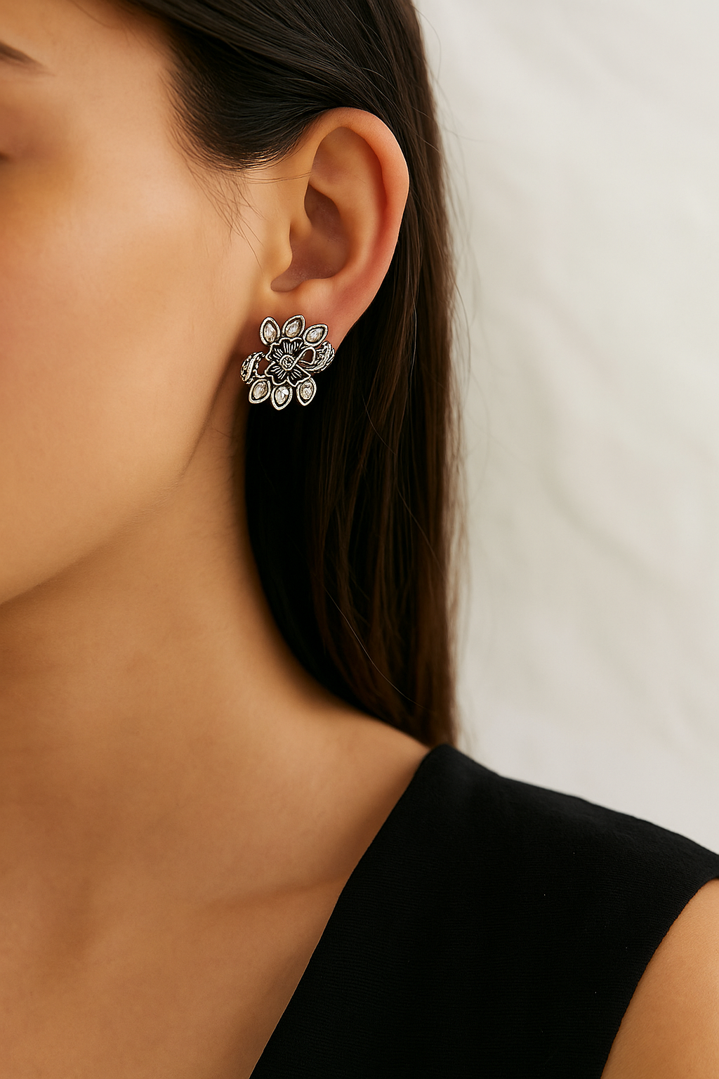 Floral Oxidized Stud Earrings with Mirror Work